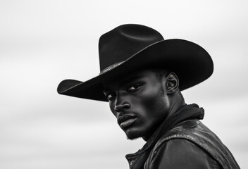 Portrait of a man wearing a cowboy hat against a cloudy sky