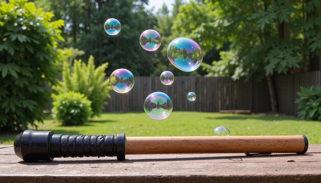 Bubble wand resting on a wooden table with colorful bubbles floating in a backyard
