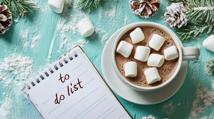 Cozy winter drink beside a festive to-do list on a wooden table