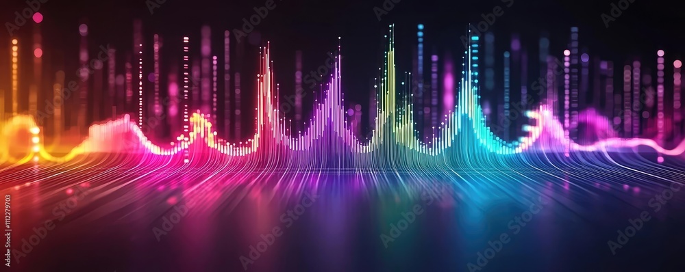 Poster colorful sound wave visualization with vibrant gradients on a dark background.