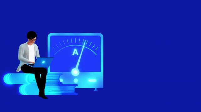 Physicist analyzes the obtained experimental data. Ammeter. Scientist keeps up with the latest advances and publications in physics.