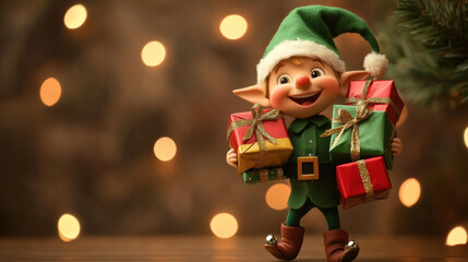Happy elf holding colorful gifts during festive season