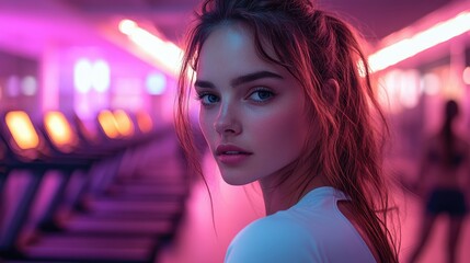 Fototapeta premium Young woman with ponytail in gym, neon lights.