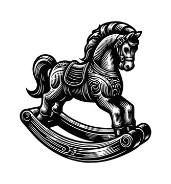 recommend clip art: rocking horse toy engraving black and white outline