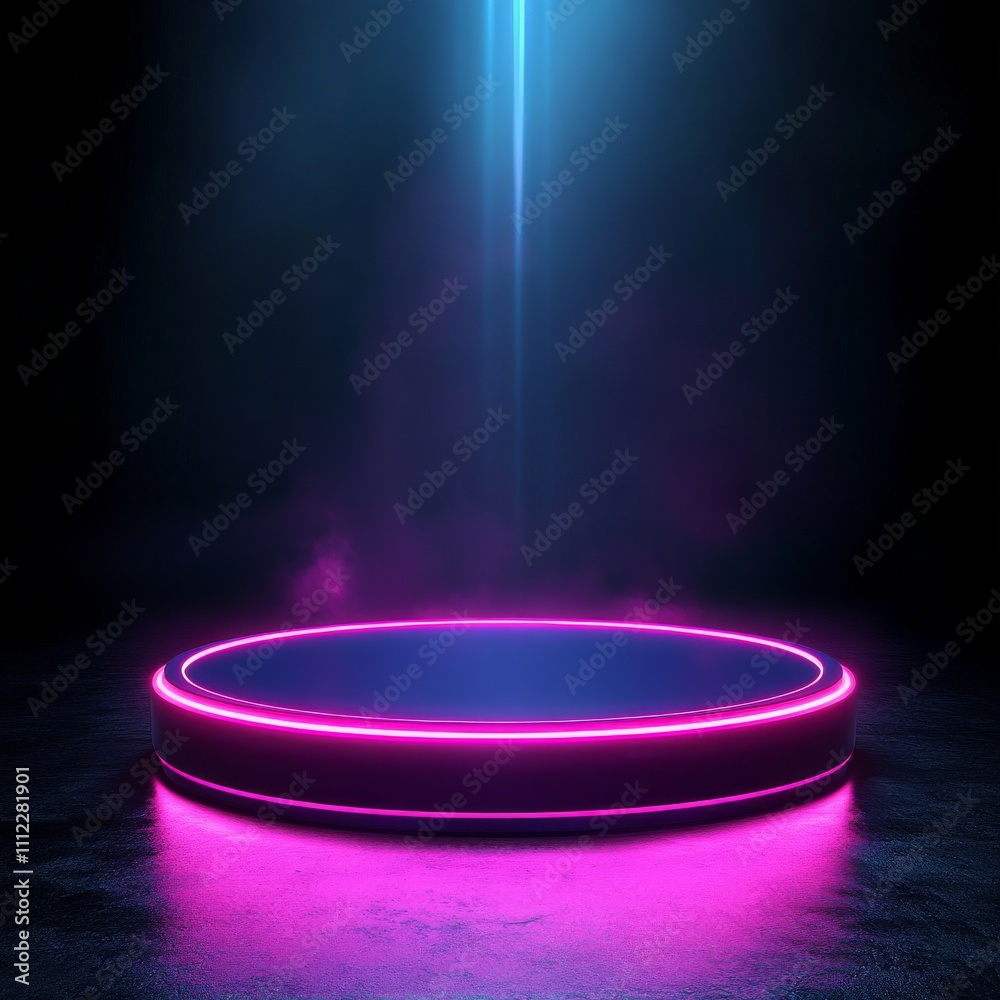 Poster 3d tech hologram podium or light portal platform. Pink neon game stage. Hud futuristic teleport with fantasy glow effect. Cyber casino design with round base element to display product