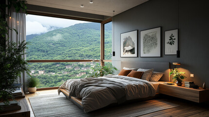 Fototapeta premium A 3D render of a modern small bedroom with a minimalist design. The room features a wooden floor that adds warmth and texture, paired with sleek gray walls for a neutral and contemporary aesthetic. 