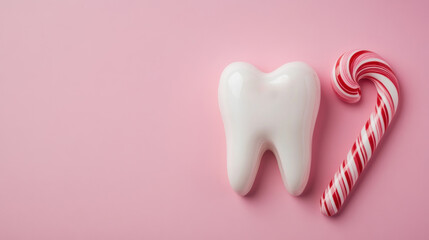 Candy cane and tooth on pink background promoting dental health