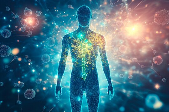 Human body illuminated by vibrant energy in a cosmic environment. Generative AI