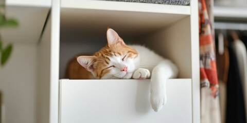 Red cat sleeping in the drawer