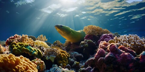 Naklejka premium A medium shot of a moray eel swimming gracefully alongside a school of small fish