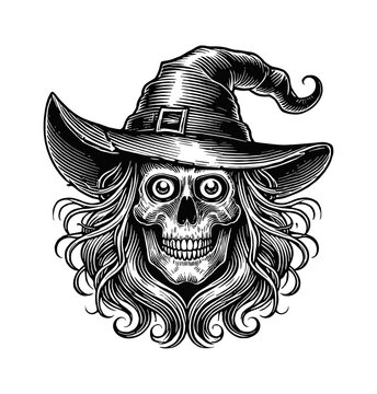 recommend clip art: skull witch hat engraving black and white outline