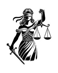 Lady Justice in a frontal pose, blindfolded, holding scales in one hand and a sword in the other engraving black and white outline