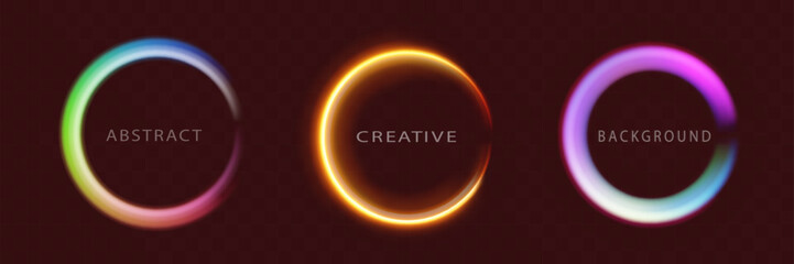 Vibrant neon gradient frames with glowing round futuristic design elements. Radiant geometric shapes and modern icon collection featuring illuminated circles, blue portal, and platform light effects.
