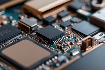 An intricate close-up view of a modern electronic circuit board showcasing its components and the complexity of technology that powers our devices and devices.