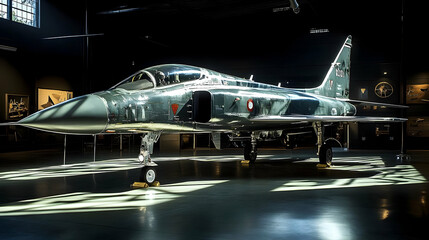 Sleek Fighter Jet: Museum Display, Polished Metal, Air Show