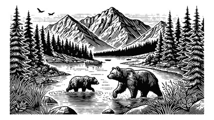 mountain landscape with a lake in the foreground, two bears walking in the water engraving black and white outline
