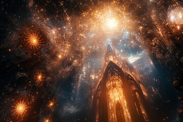 Naklejka premium Celestial cathedral illuminated by cosmic lights in a dreamscape. Generative AI