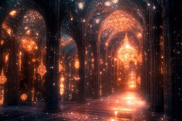 Obraz premium Majestic hall of shimmering lights in a mystical realm at twilight. Generative AI