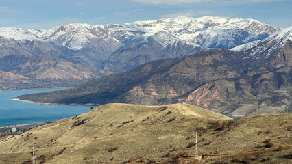 reservoir in the mountains with snowy peaks