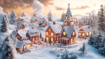 Fototapeta premium Charming Small Village Blanketed in Soft Snow.