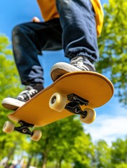 Skateboarding action in a park youth performing tricks outdoor environment upward viewpoint for dynamic experience