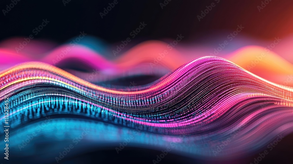 Poster colorful digital waves representing data flow and technology trends.