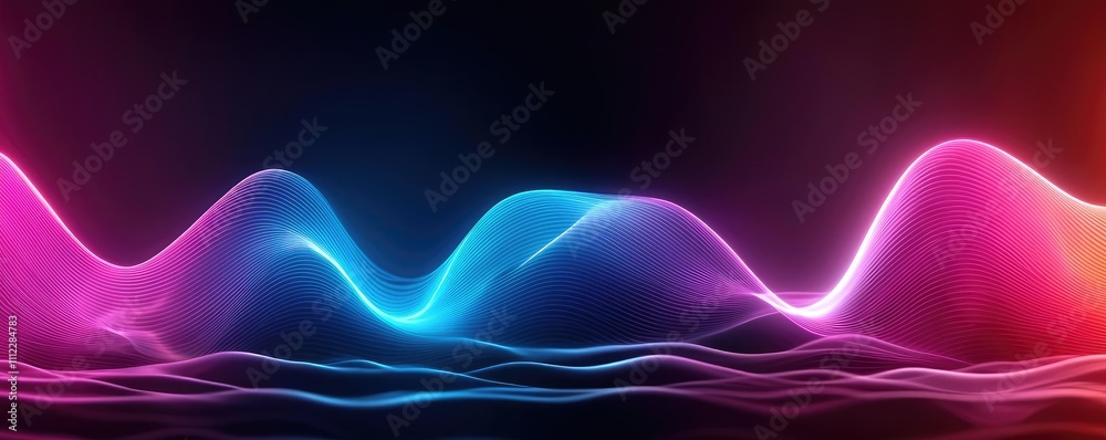 Poster abstract wave patterns in vibrant neon colors on a dark background.