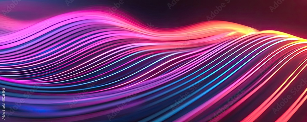 Poster vibrant, flowing lines with colorful gradients on a dark background.