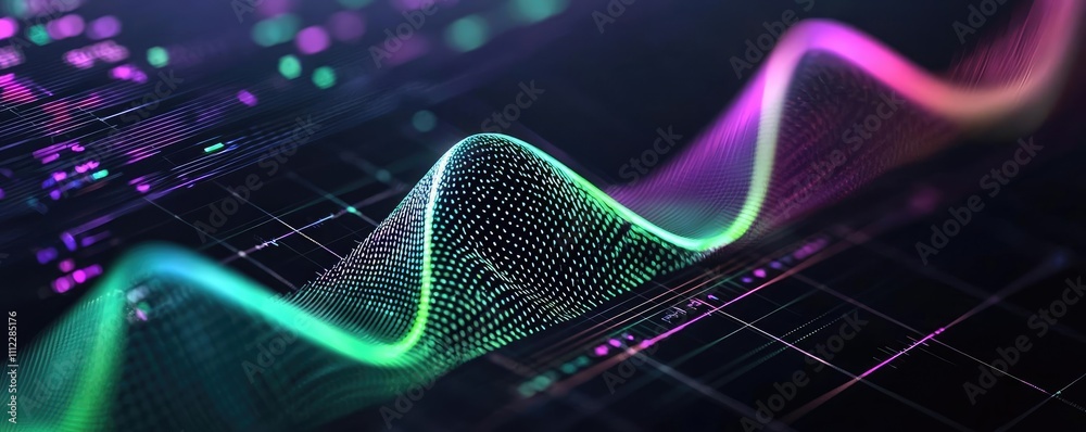 Poster Abstract digital wave pattern with vibrant colors on a dark background.