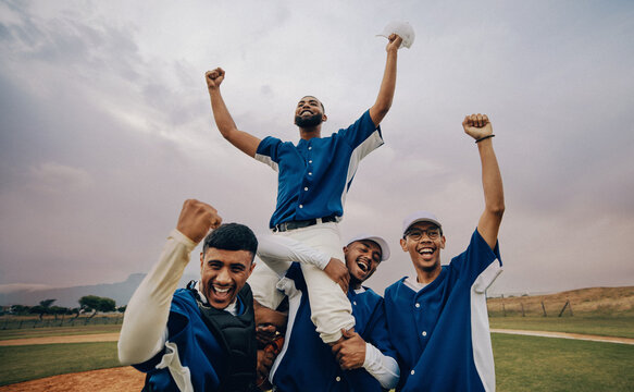 Successful baseball team celebrates victory with enthusiasm and teamwork on the field