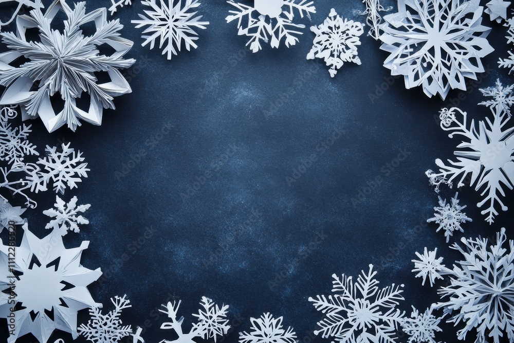 Poster Delicate handcrafted snowflakes form a charming border on a dark surface, providing plenty of space for custom text and artistic touches. Generative AI