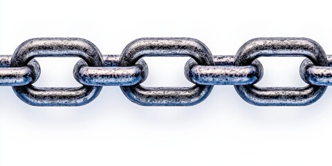 A close-up of a metallic chain link, showcasing its texture and interconnection against a clean, white background.