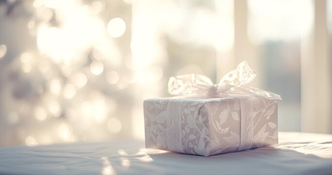 A Christmas gift wrapped in elegant creamy lace paper, with a ribbon bow, placed on a table with a white tablecloth, in warm rays of sunlight