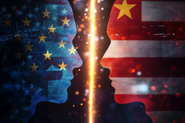 Geopolitical Tension: U.S. and China Silhouettes Face-to-Face
