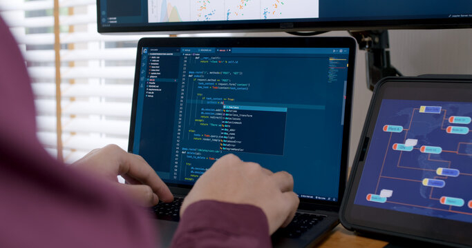 DEV desktop PC screen in AI code in IT developer skill job career typing RPA robotic text line on web page. Project Reskill Upskill HTML write python big data smart server system design cyber support.