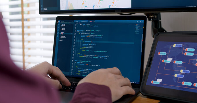 DEV desktop PC screen in AI code in IT developer skill job career typing RPA robotic text line on web page. Project Reskill Upskill HTML write python big data smart server system design cyber support.