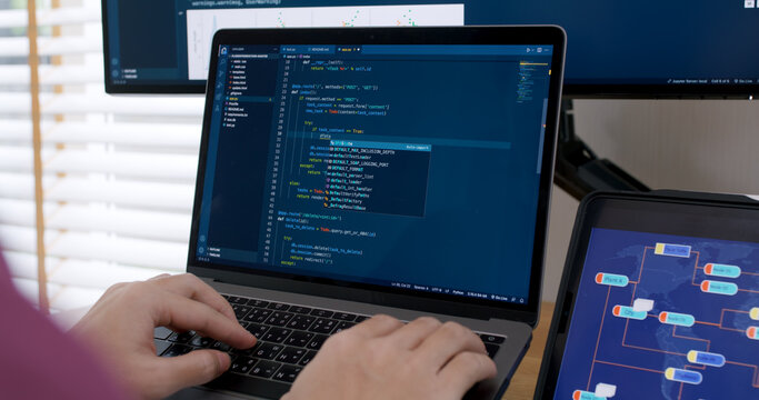 DEV desktop PC screen in AI code in IT developer skill job career typing RPA robotic text line on web page. Project Reskill Upskill HTML write python big data smart server system design cyber support.
