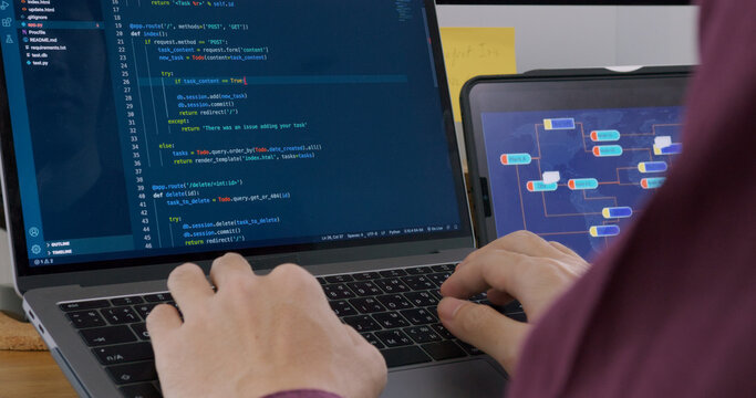 DEV desktop PC screen in AI code in IT developer skill job career typing RPA robotic text line on web page. Project Reskill Upskill HTML write python big data smart server system design cyber support.