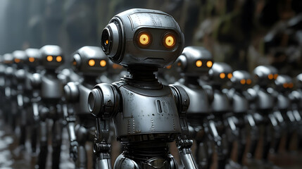 Fototapeta premium Metallic Robots March Forward in Unity, a Futuristic Scene