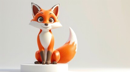 Obraz premium A cute cartoon fox with a bushy tail, confidently standing on a minimalist white podium, against a pure white surface