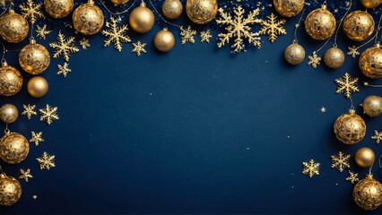 Golden glass balls and snowflakes on dark blue background. Christmas and New Year winter navy festive background. Festive backdrop for card, banner, flyer. Copy space