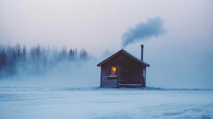Cozy Wooden Cabin in a Snowy Winter Landscape