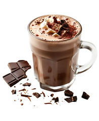 Rich Chocolate Beverage with Toppings in Clear Glass Mug Isolated on a Transparent Background