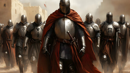 Medieval Knights March Towards Battle, Clad in Armor