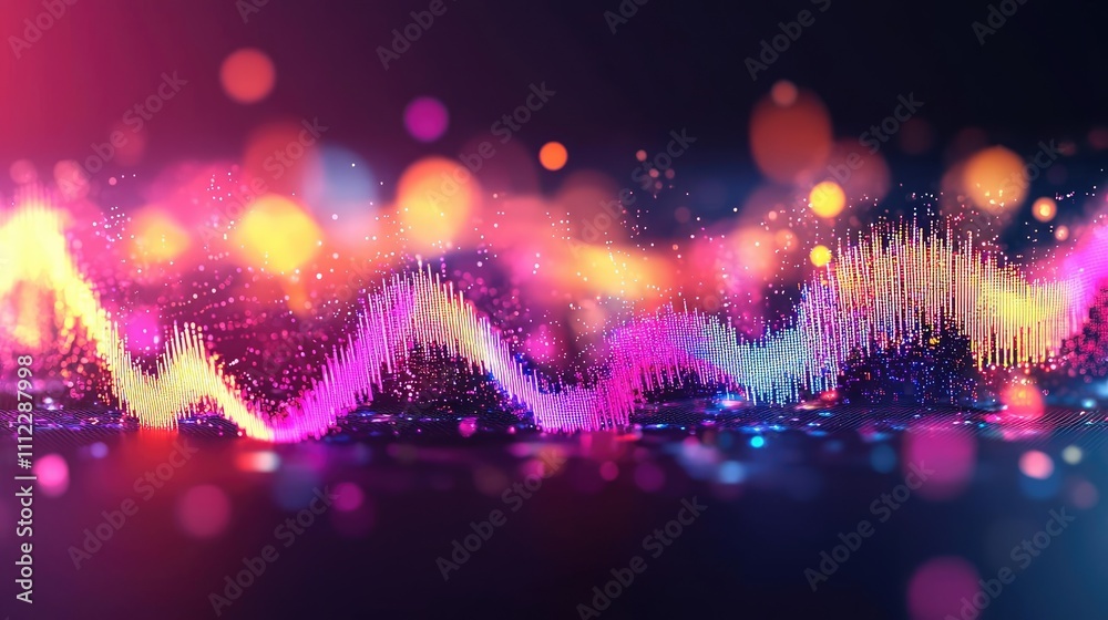 Poster Abstract colorful sound waves on a dark background with glowing bokeh effects.