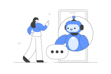 Artificial intelligence. Woman Character communicating to AI chat bot. Neural network technology. AI generating answer. Flat Cartoon Vector Illustration, icon. Stylish abstract