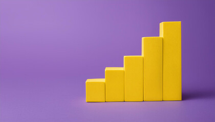Fototapeta premium Yellow 3D bar graph isolated on purple background. Growing business, success and improvement.