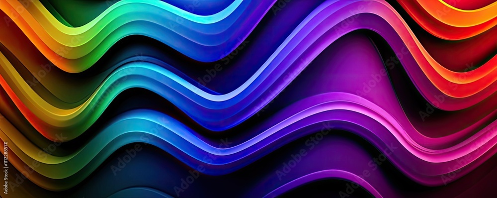 Poster colorful abstract wave patterns on a black background.
