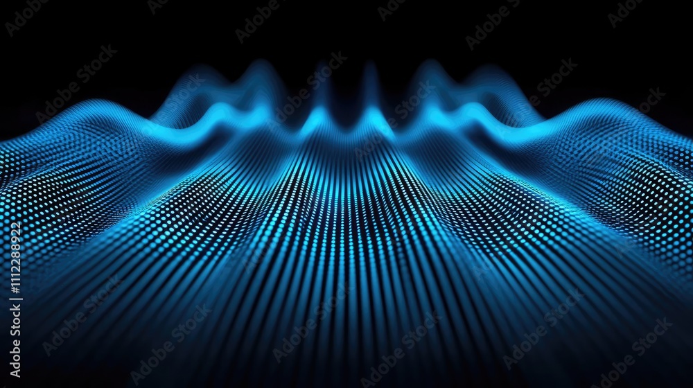 Poster abstract blue wave pattern with light effects on a black background.