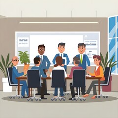 Vector illustration of a meeting room with a group of people working together. business working